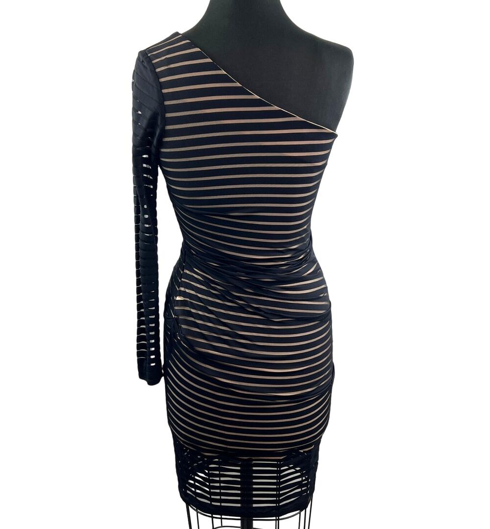 Nicole Miller Artelier Black Beige Bodycon Dress Striped One Shoulder Neck 2?